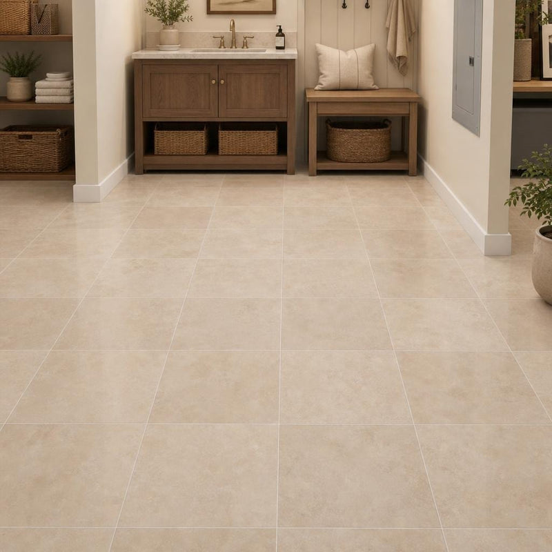 Durango Cream 12x12 Honed Travertine Tile — Basement floor