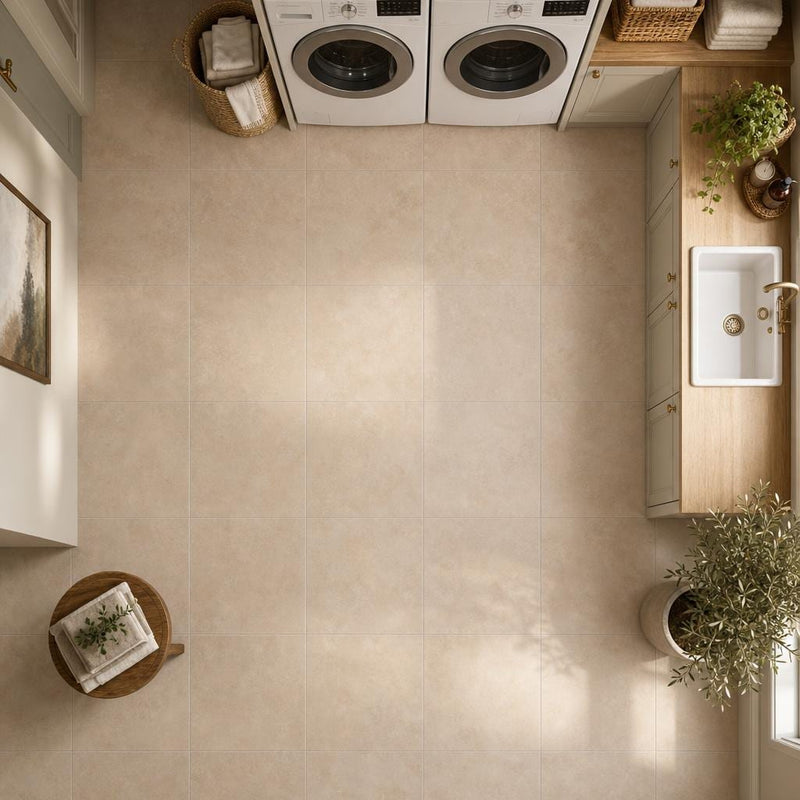 Durango Cream 12x12 Honed Travertine Tile — Laundry Room floor
