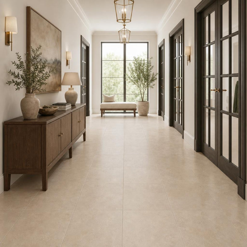 Durango Cream 18x18 Honed-Filled Travertine Tile — Hallway floor