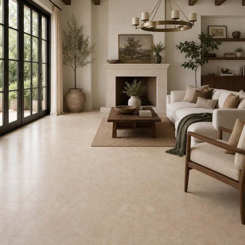 Durango Cream 18x18 Honed-Filled Travertine Tile — Living Room floor