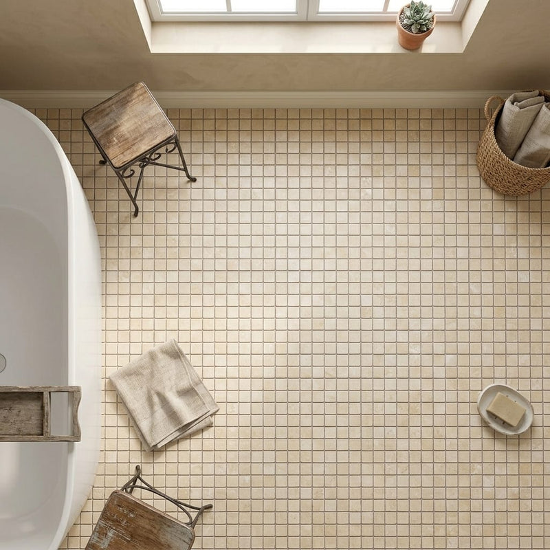 Durango / Paredon (Mexican) - Cross Cut Durango Travertine 1x1 Tumbled Travertine Mosaic — Bathroom floor