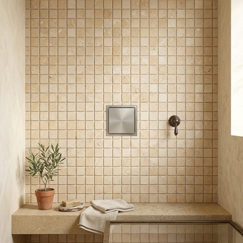 Durango / Paredon (Mexican) - Cross Cut Durango Travertine 1x1 Tumbled Travertine Mosaic — Bathroom shower floor