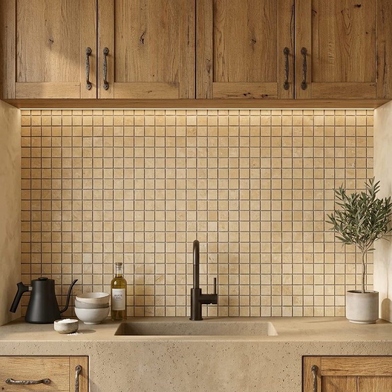 Durango / Paredon (Mexican) - Cross Cut Durango Travertine 1x1 Tumbled Travertine Mosaic — Kitchen backsplash