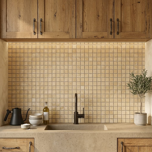 Durango / Paredon (Mexican) - Cross Cut Durango Travertine 1x1 Tumbled Travertine Mosaic — Kitchen backsplash