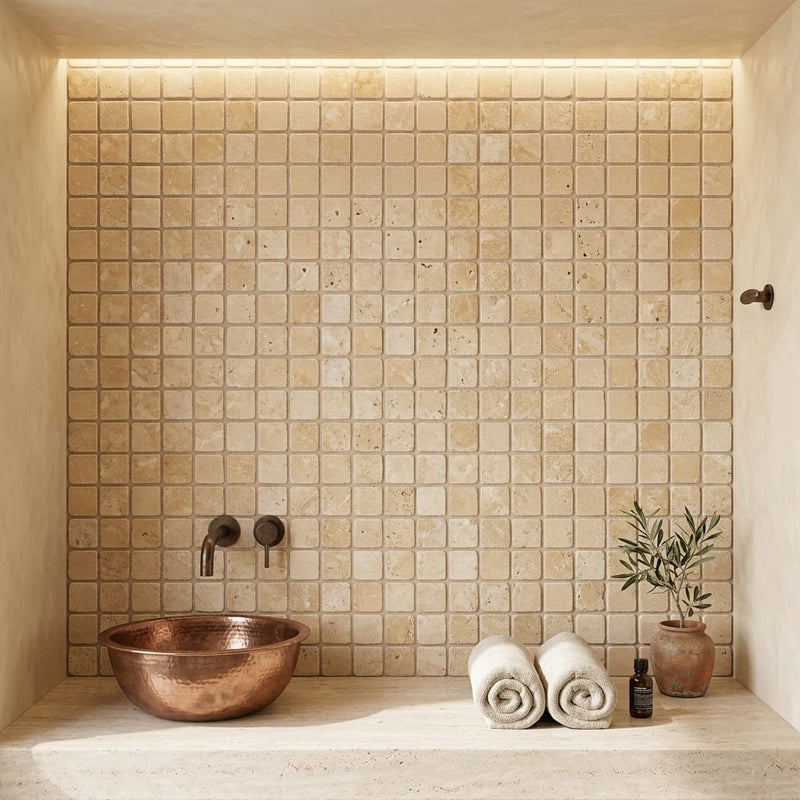 Durango / Paredon (Mexican) - Cross Cut Durango Travertine 1x1 Tumbled Travertine Mosaic — Spa spa interior