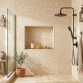 Durango / Paredon (Mexican) - Cross Cut Durango Travertine 1x2 Tumbled Travertine Diamond / Rhomboid Mosaic — Bathroom shower wall