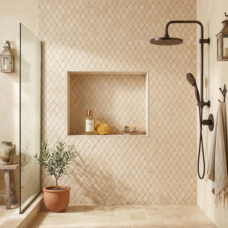 Durango / Paredon (Mexican) - Cross Cut Durango Travertine 1x2 Tumbled Travertine Diamond / Rhomboid Mosaic — Bathroom shower wall