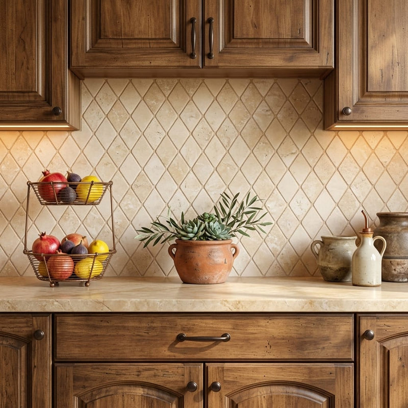 Durango / Paredon (Mexican) - Cross Cut Durango Travertine 1x2 Tumbled Travertine Diamond / Rhomboid Mosaic — Kitchen backsplash