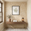Durango / Paredon (Mexican) - Cross Cut Durango Travertine 1x2 Tumbled Travertine Diamond / Rhomboid Mosaic — Living Room accent wall