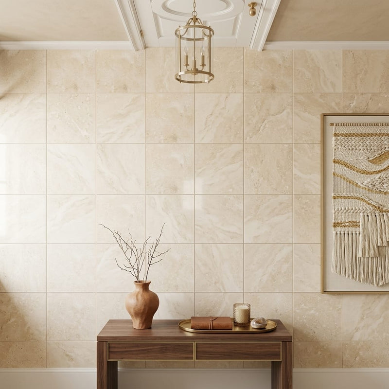 Durango / Paredon (Mexican) - Cross Cut Durango Travertine 12x12 Filled & Honed Travertine Tile — Hallway floor