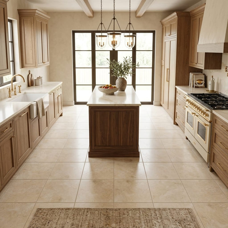 Durango / Paredon (Mexican) - Cross Cut Durango Travertine 12x12 Filled & Honed Travertine Tile — Kitchen floor
