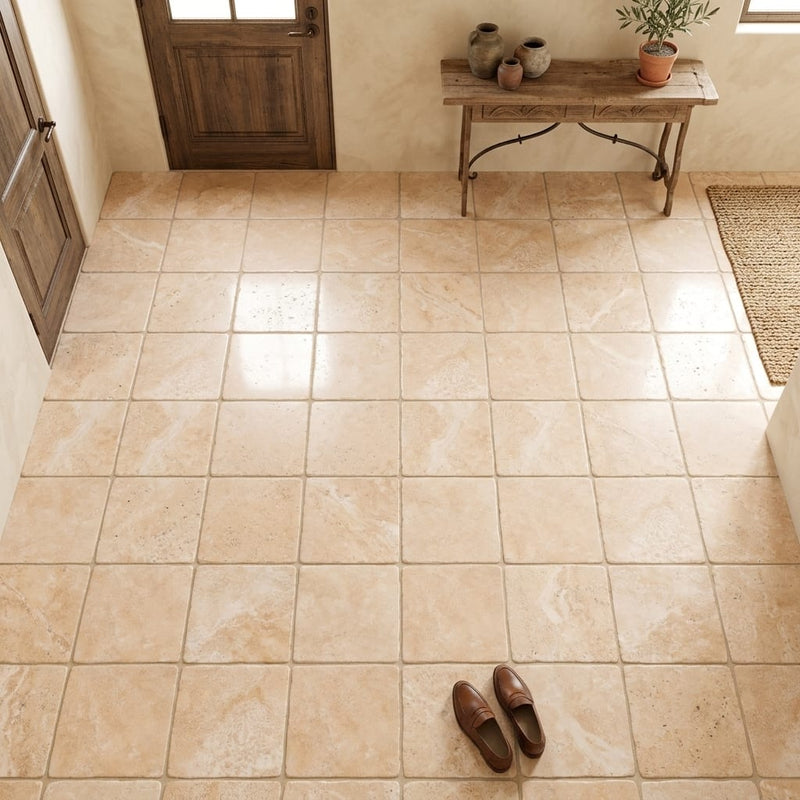 Durango / Paredon (Mexican) - Cross Cut Durango Travertine 12x12 Tumbled Travertine Tile — Foyer floor