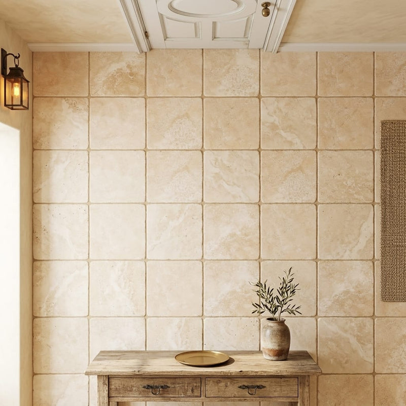 Durango / Paredon (Mexican) - Cross Cut Durango Travertine 12x12 Tumbled Travertine Tile — Hallway floor