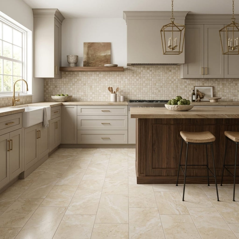 Durango / Paredon (Mexican) - Cross Cut Durango Travertine 12x24 Filled & Honed Travertine Tile — Kitchen floor