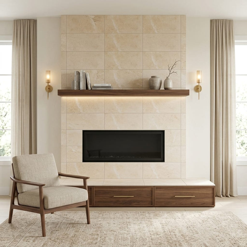 Durango / Paredon (Mexican) - Cross Cut Durango Travertine 12x24 Filled & Honed Travertine Tile — Living Room fireplace surround