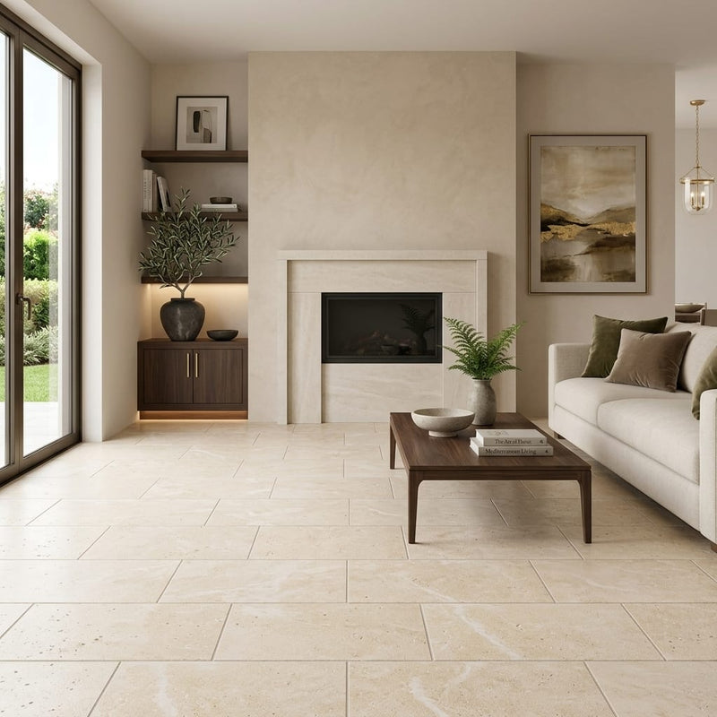 Durango / Paredon (Mexican) - Cross Cut Durango Travertine 12x24 Filled & Honed Travertine Tile — Living Room floor
