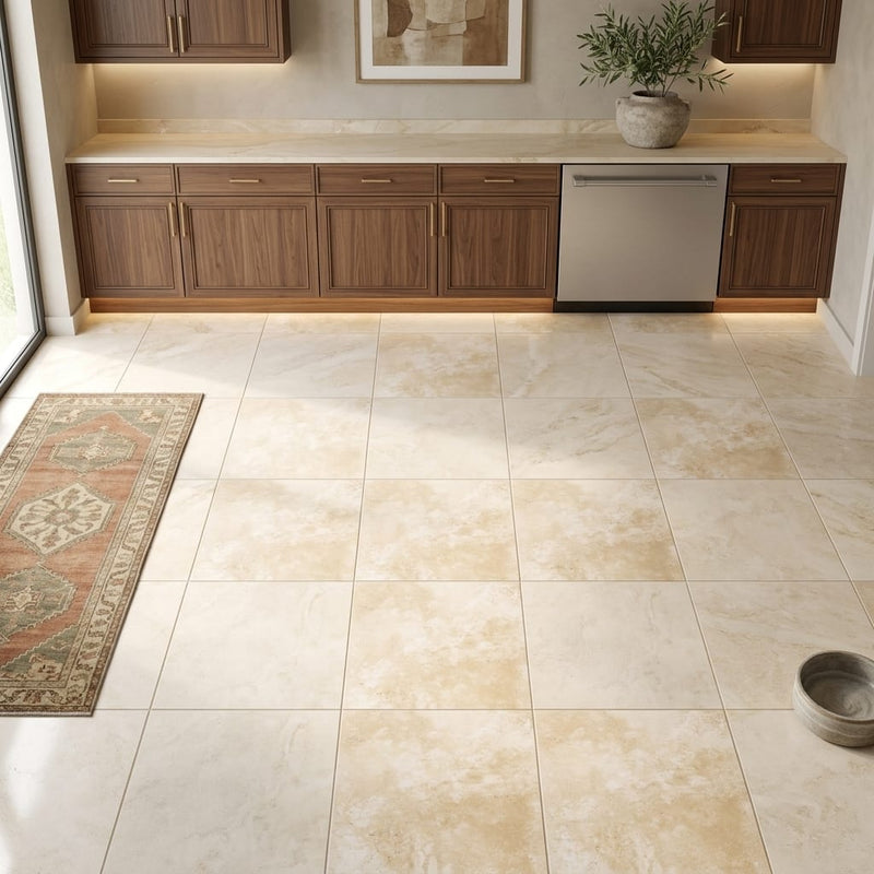 Durango / Paredon (Mexican) - Cross Cut Durango Travertine 16x16 Filled & Honed Travertine Tile — Kitchen floor