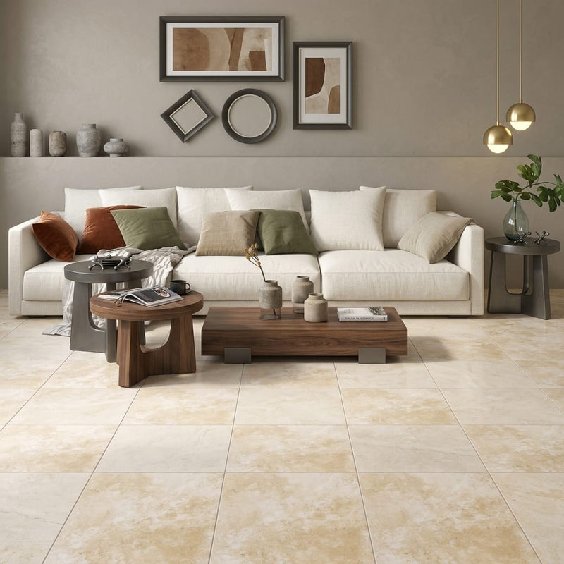 Durango / Paredon (Mexican) - Cross Cut Durango Travertine 16x16 Filled & Honed Travertine Tile — Living Room floor