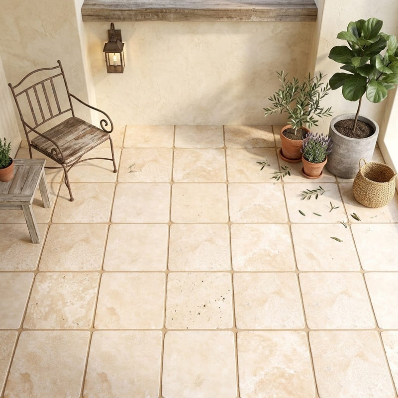 Durango / Paredon (Mexican) - Cross Cut Durango Travertine 16x16 Tumbled Travertine Tile — Covered Patio floor