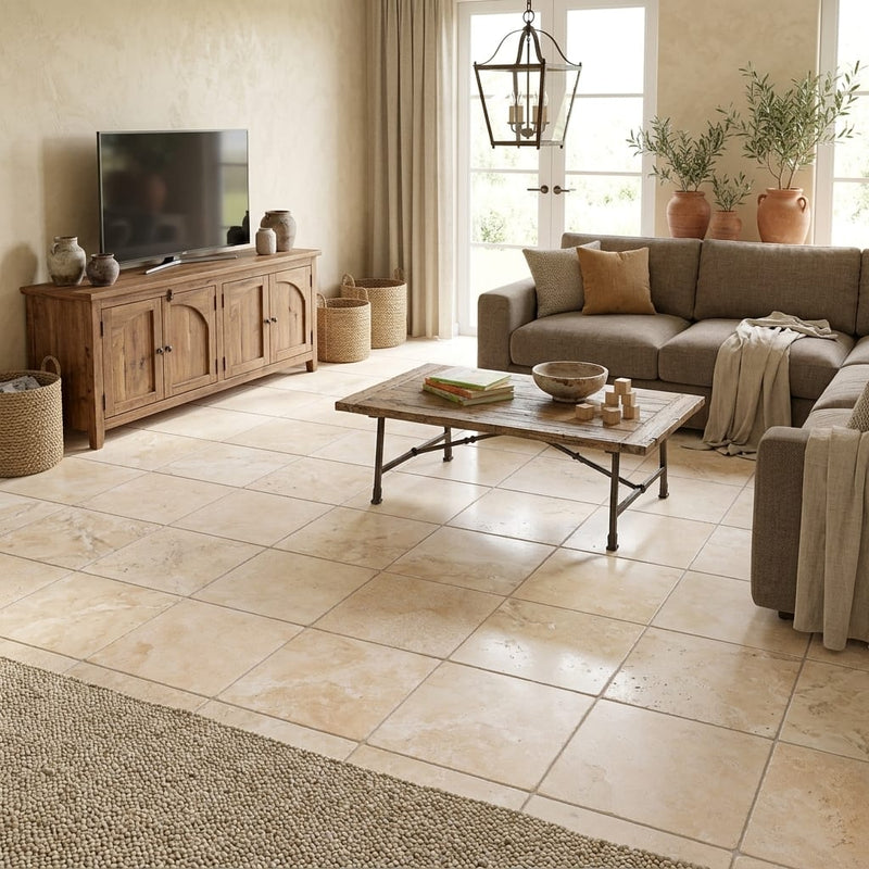 Durango / Paredon (Mexican) - Cross Cut Durango Travertine 16x16 Tumbled Travertine Tile — Family Room floor