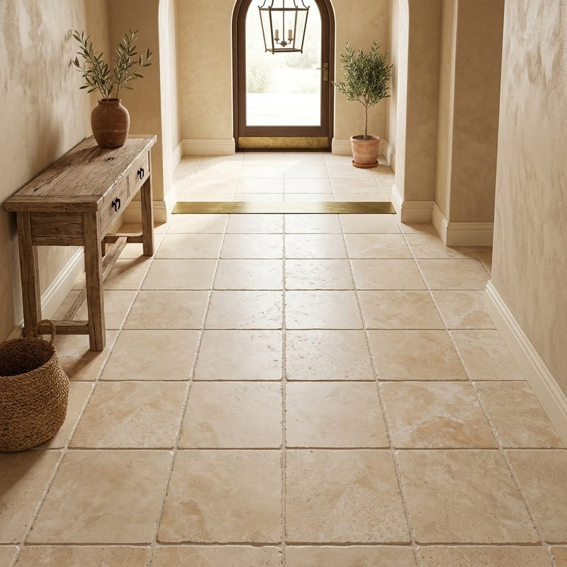 Durango / Paredon (Mexican) - Cross Cut Durango Travertine 16x16 Tumbled Travertine Tile — Hallway floor
