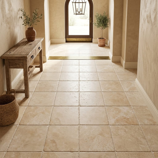 Durango / Paredon (Mexican) - Cross Cut Durango Travertine 16x16 Tumbled Travertine Tile — Hallway floor