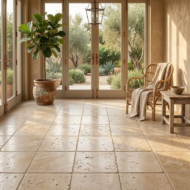 Durango / Paredon (Mexican) - Cross Cut Durango Travertine 16x16 Tumbled Travertine Tile — Sunroom floor
