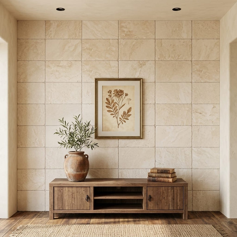 Durango / Paredon (Mexican) - Cross Cut Durango Travertine 16x24 Tumbled Travertine Tile — Living Room feature wall