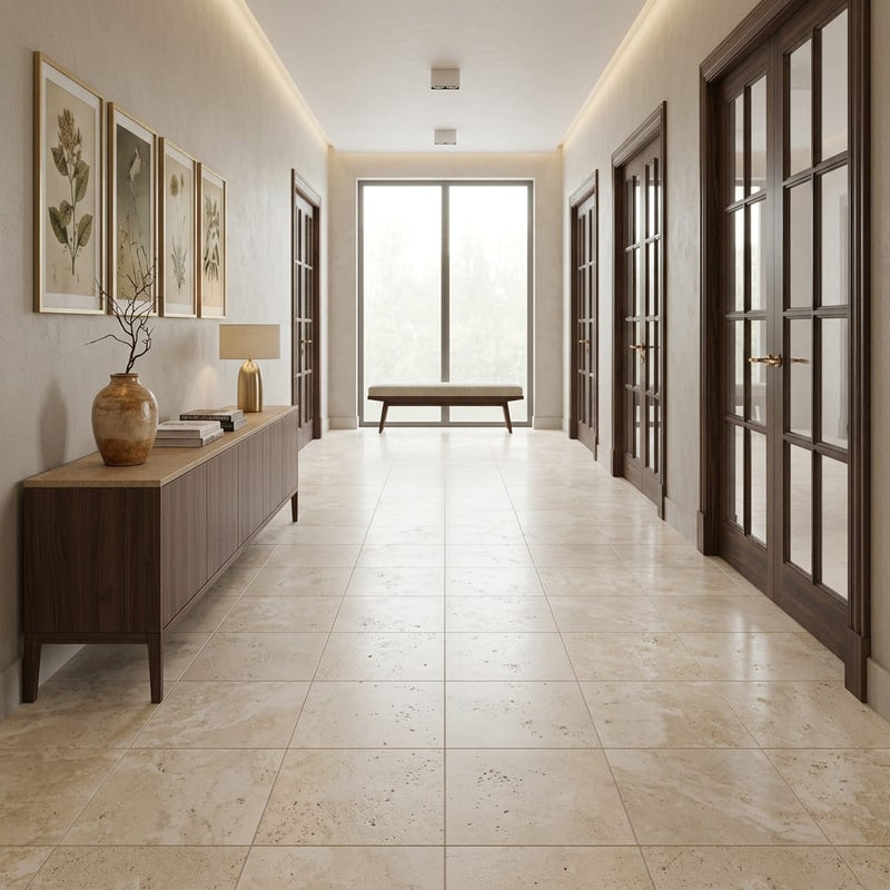 Durango / Paredon (Mexican) - Cross Cut Durango Travertine 18x18 Filled & Honed Travertine Tile — Hallway floor