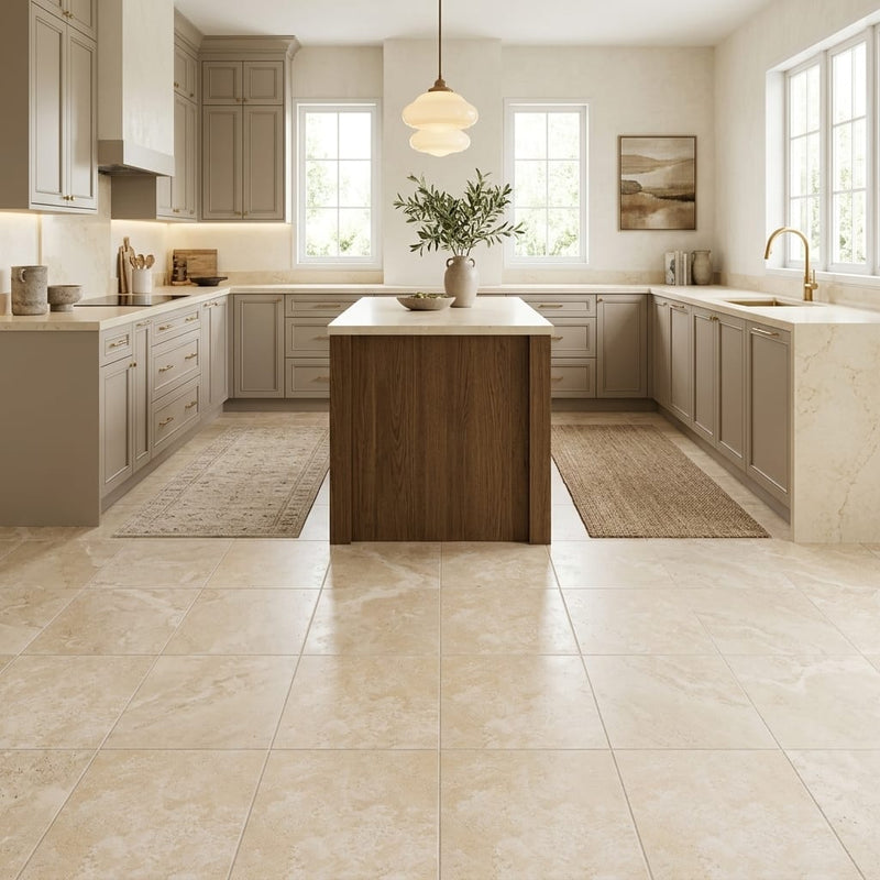 Durango / Paredon (Mexican) - Cross Cut Durango Travertine 18x18 Filled & Honed Travertine Tile — Kitchen floor