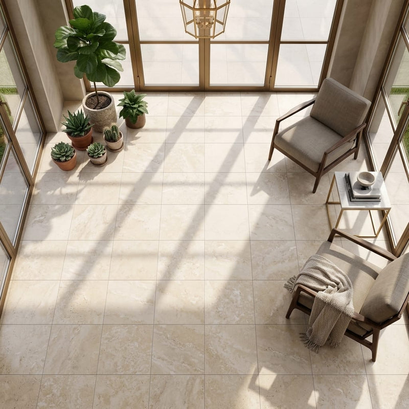 Durango / Paredon (Mexican) - Cross Cut Durango Travertine 18x18 Filled & Honed Travertine Tile — Sunroom floor