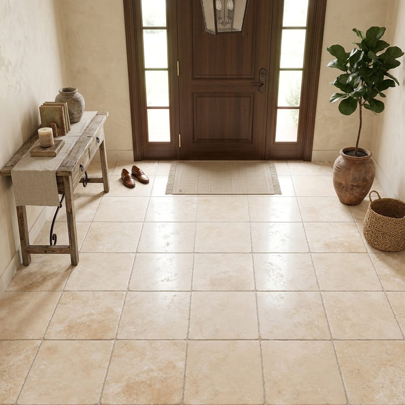 Durango / Paredon (Mexican) - Cross Cut Durango Travertine 18x18 Tumbled Travertine Tile — Foyer floor