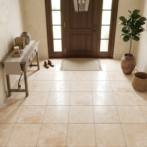 Durango / Paredon (Mexican) - Cross Cut Durango Travertine 18x18 Tumbled Travertine Tile — Foyer floor