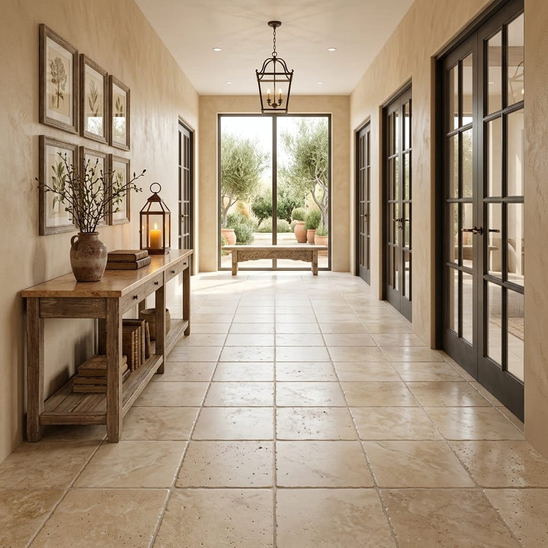 Durango / Paredon (Mexican) - Cross Cut Durango Travertine 18x18 Tumbled Travertine Tile — Hallway floor