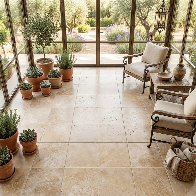 Durango / Paredon (Mexican) - Cross Cut Durango Travertine 18x18 Tumbled Travertine Tile — Sunroom floor