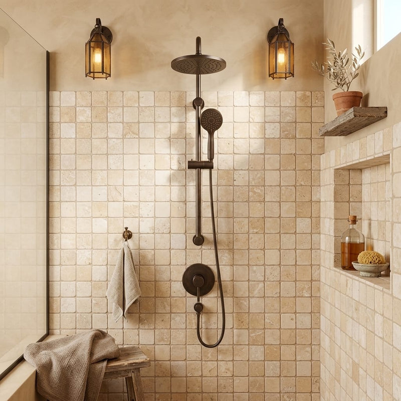 Durango / Paredon (Mexican) - Cross Cut Durango Travertine 2x2 Tumbled Travertine Mosaic — Bathroom shower wall
