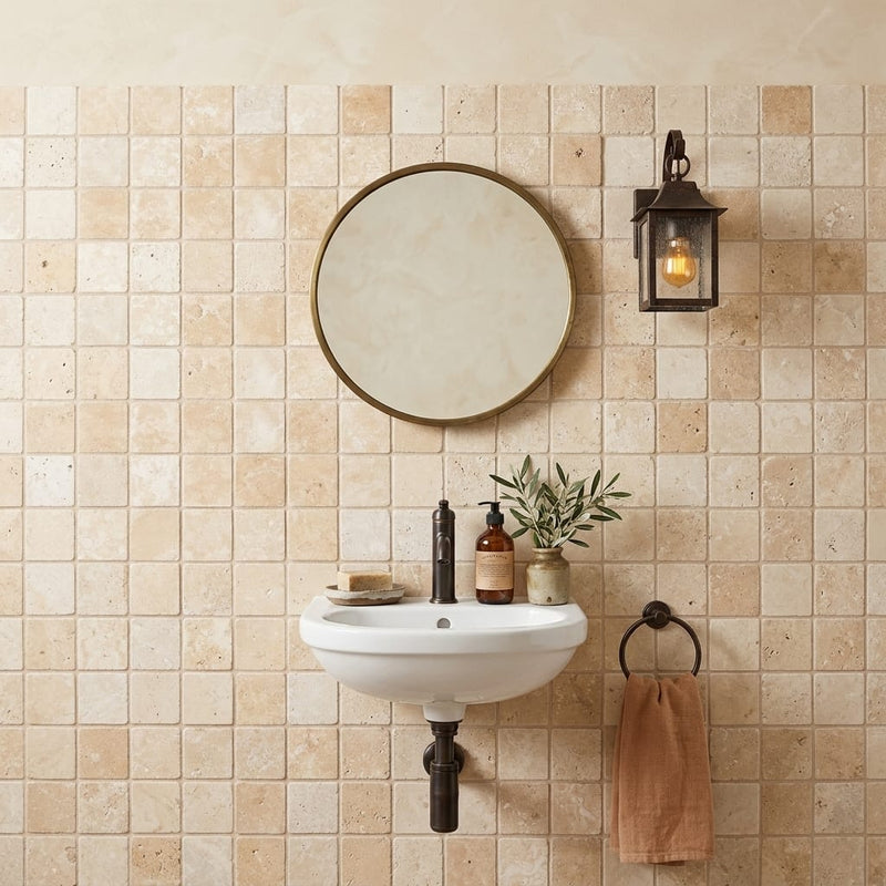 Durango / Paredon (Mexican) - Cross Cut Durango Travertine 2x2 Tumbled Travertine Mosaic — Powder Room wall