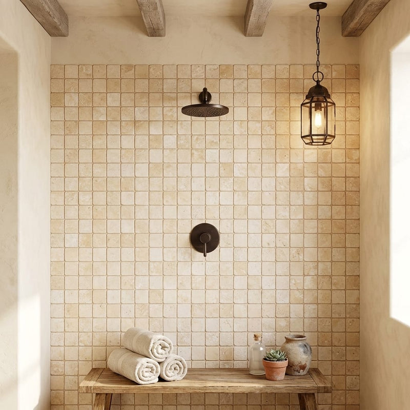 Durango / Paredon (Mexican) - Cross Cut Durango Travertine 2x2 Tumbled Travertine Mosaic — Spa spa interior