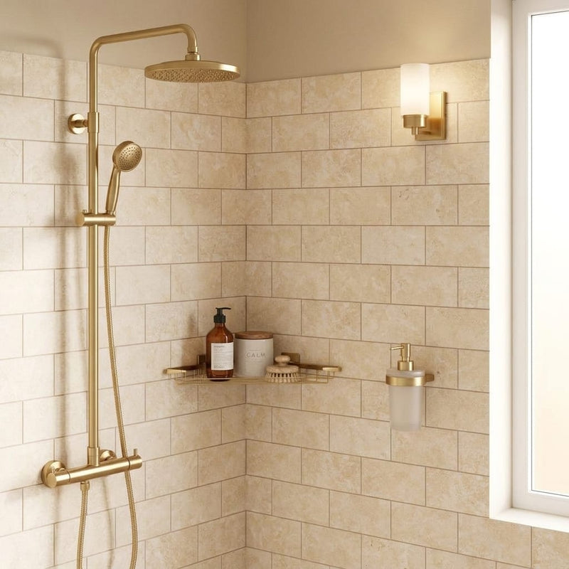 Durango / Paredon (Mexican) - Cross Cut Durango Travertine 3x6 Filled & Honed Travertine Tile — Bathroom shower wall
