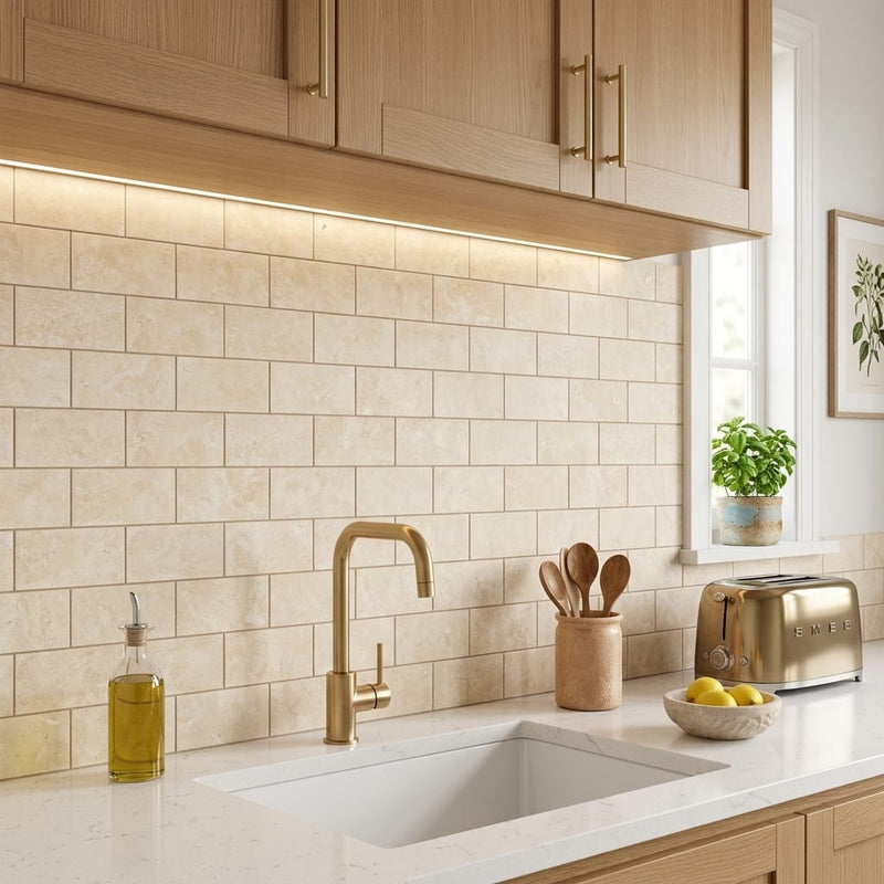 Durango / Paredon (Mexican) - Cross Cut Durango Travertine 3x6 Filled & Honed Travertine Tile — Kitchen backsplash