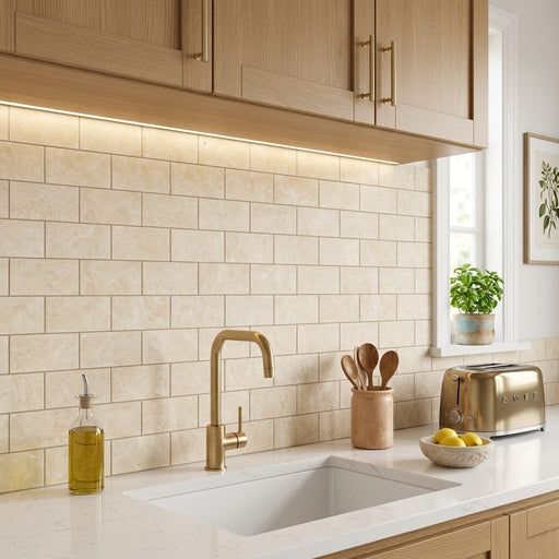 Durango / Paredon (Mexican) - Cross Cut Durango Travertine 3x6 Filled & Honed Travertine Tile — Kitchen backsplash