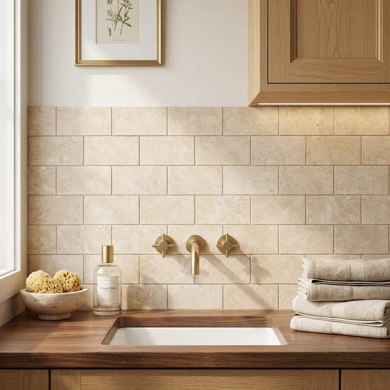 Durango / Paredon (Mexican) - Cross Cut Durango Travertine 3x6 Filled & Honed Travertine Tile — Laundry Room backsplash