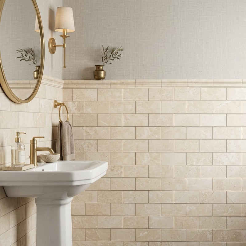 Durango / Paredon (Mexican) - Cross Cut Durango Travertine 3x6 Filled & Honed Travertine Tile — Powder Room wainscot