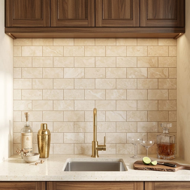 Durango / Paredon (Mexican) - Cross Cut Durango Travertine 3x6 Filled & Honed Travertine Tile — Wet Bar backsplash