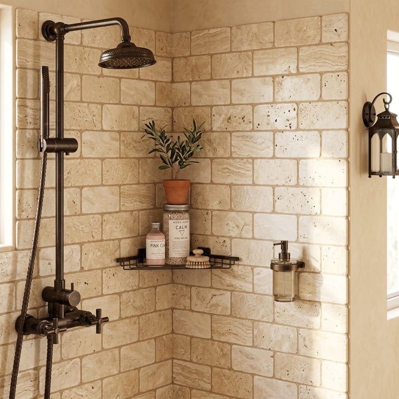 Durango / Paredon (Mexican) - Cross Cut Durango Travertine 3x6 Tumbled Travertine Tile — Bathroom shower wall