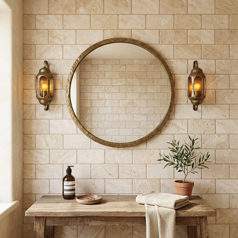 Durango / Paredon (Mexican) - Cross Cut Durango Travertine 3x6 Tumbled Travertine Tile — Bathroom wall