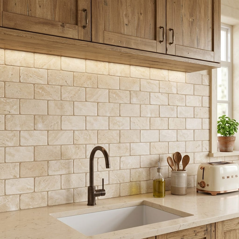 Durango / Paredon (Mexican) - Cross Cut Durango Travertine 3x6 Tumbled Travertine Tile — Kitchen backsplash