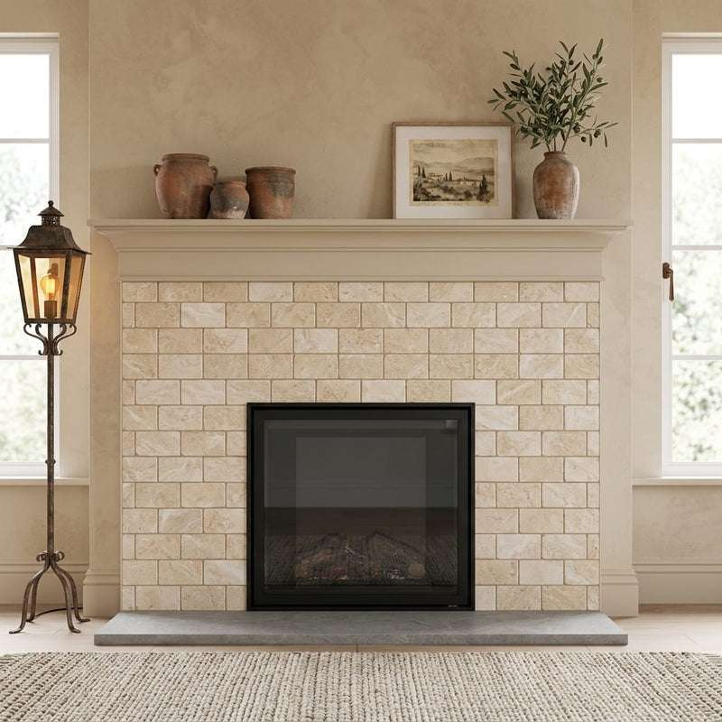 Durango / Paredon (Mexican) - Cross Cut Durango Travertine 3x6 Tumbled Travertine Tile — Living Room fireplace surround