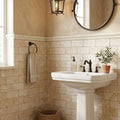 Durango / Paredon (Mexican) - Cross Cut Durango Travertine 3x6 Tumbled Travertine Tile — Powder Room wainscot