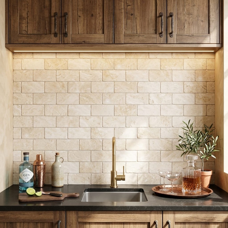 Durango / Paredon (Mexican) - Cross Cut Durango Travertine 3x6 Tumbled Travertine Tile — Wet Bar backsplash